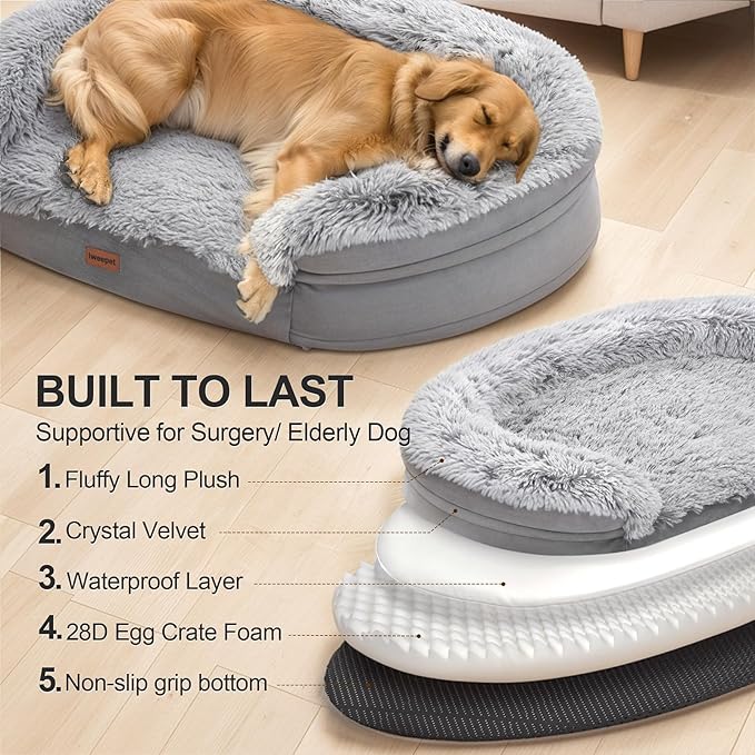 Fluffy 3.7 inch Thickened Orthopedic Dog Beds for Extra Large Dogs, Supportive Dog Sofa Bed with 28D Egg-Crate Foam, Removable Washable Cover, Waterproof Lining, Cozy Oval Design,Grey