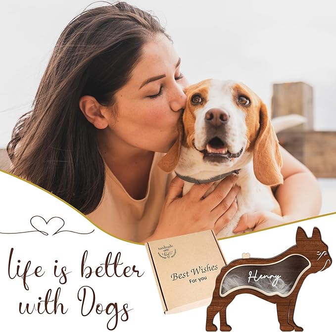 9" French Bulldog Dog Hair Keepsake Box, Wooden Pet Urns for Dogs, DIY Pet Loss Sympathy Gifts, Unique Gift Dog Shape Standable Table Decor, Idea Gift for Pet Lover Storing Fur Teeth Ashes PS16-12L