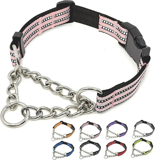 Martingale Dog Collars, Reflective Nylon Collar with Stainless Steel Chain, Adjustable Walking Training Dog Collars with Quick Release Buckle, Suitable for Small Medium Large Dogs(Pink,S)