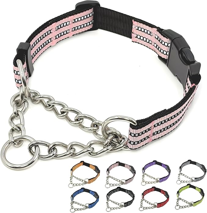 Martingale Dog Collars, Reflective Nylon Collar with Stainless Steel Chain, Adjustable Walking Training Dog Collars with Quick Release Buckle, Suitable for Small Medium Large Dogs(Pink,M)