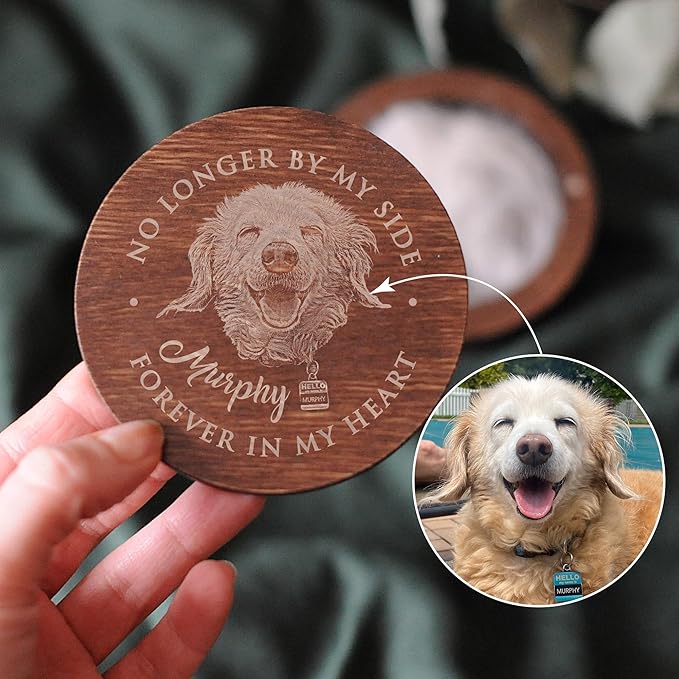 Personalized Pet Hair Keepsake Box for Dog and Cat Fur - Engraved Wood Memorial Box - Unique Customized Gift for Loss of Furry Friend Wooden (Dark Round Wood/Acrylic Lid, With Photo)
