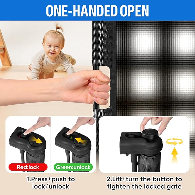 34X120” Extra Wide Safety Retractable Baby Gate, Extra Wide Safety Kids or Pets Gate, 34” Tall, Extends to 120” Extra Wide, Built-in Reinforce Strip Mesh Safety Dog Gate for Stairs (34”X120”, Black)