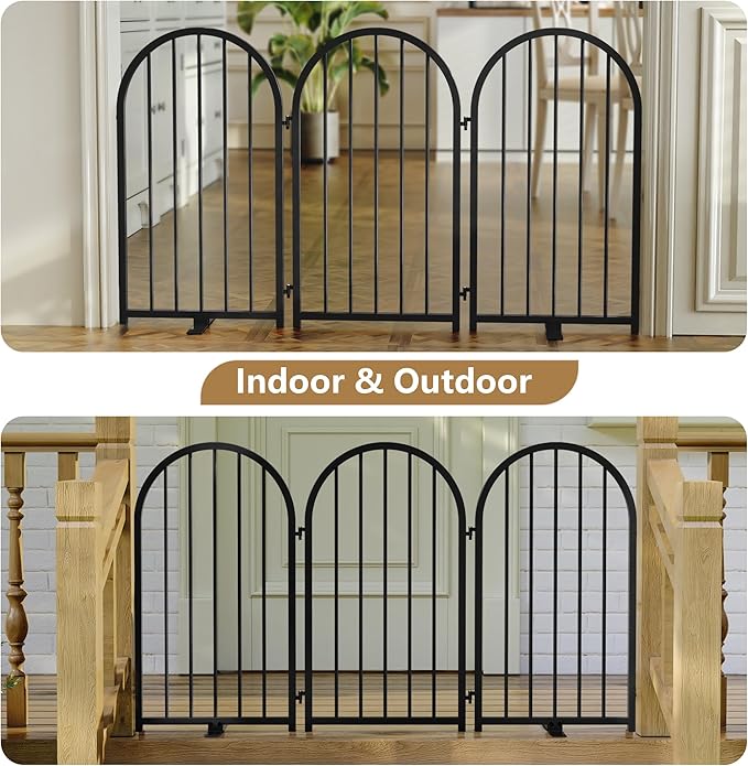 Full Metal Dog Gate for Indoor Outdoor, 32" Tall Free Standing Pet Dog Fence, 54" Wide Arched Pet Gates for Stairs, Hallways, Doorways, Kitchen, Decks, Yards (Black, 3 Panels)