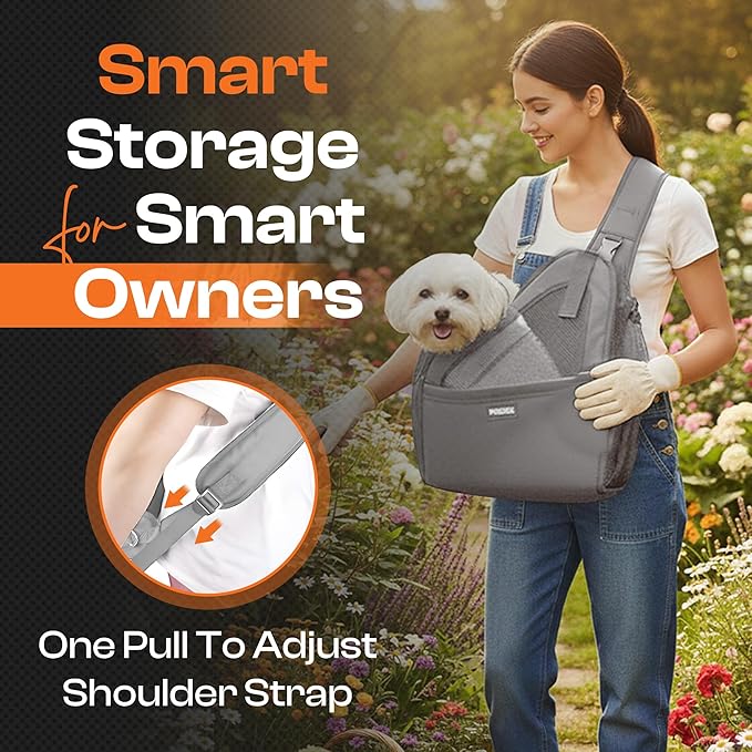Small Dog Sling Carrier Bag, Hands-Free Dog Carrier Sling with Safety Buckle, Breathable Mesh, Adjustable Strap, Padded Back, Storage Pockets, Pet Carrier for Dogs, Cats, Puppies up to 8–10 lbs