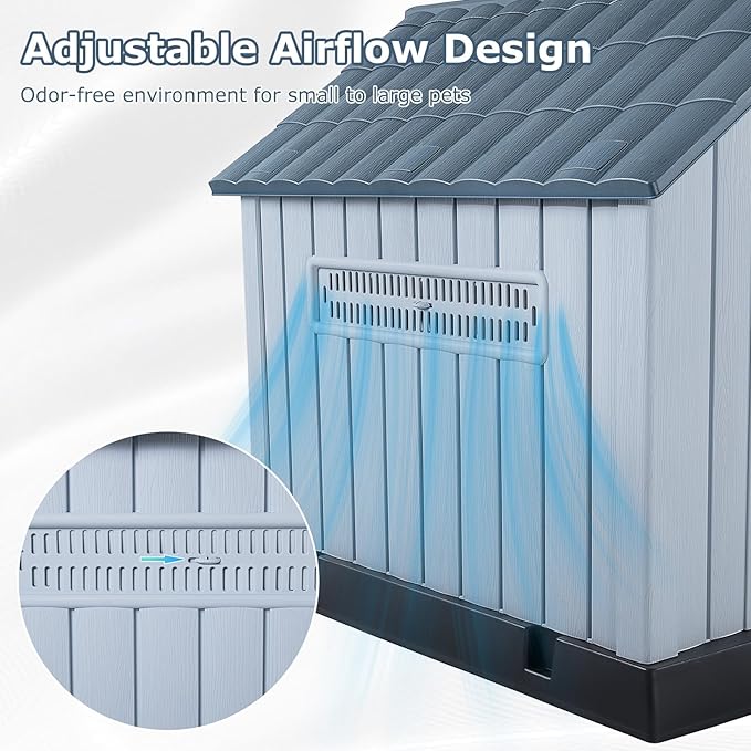 LEMBERI Durable Waterproof Plastic Dog House for Small to Medium Sized Dogs, Indoor Outdoor Doghouse with Air Vents and Elevated Floor, Easy to Assemble (Gray, 33.5" L x 31.5" W x 33.9" H)