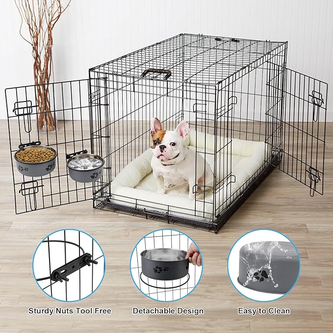 Stainless Steel Dog Crate Bowls Hanging No Spill 2 PCS - Adjustable Mountable Kennel Bowls for Medium/Large Dogs, Anti Spill Water & Food Bowl Set (Gray, L(6.3"+7.1"))
