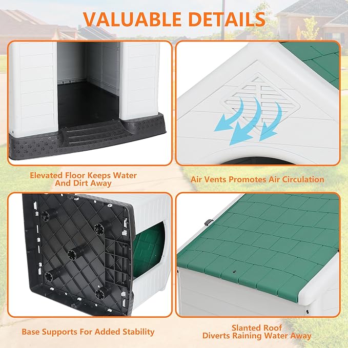 Large Plastic Dog House Indoor Outdoor Doghouse Dog Kennel Easy to Assemble Puppy Shelter with Air Vents Elevated Floor Waterproof Green