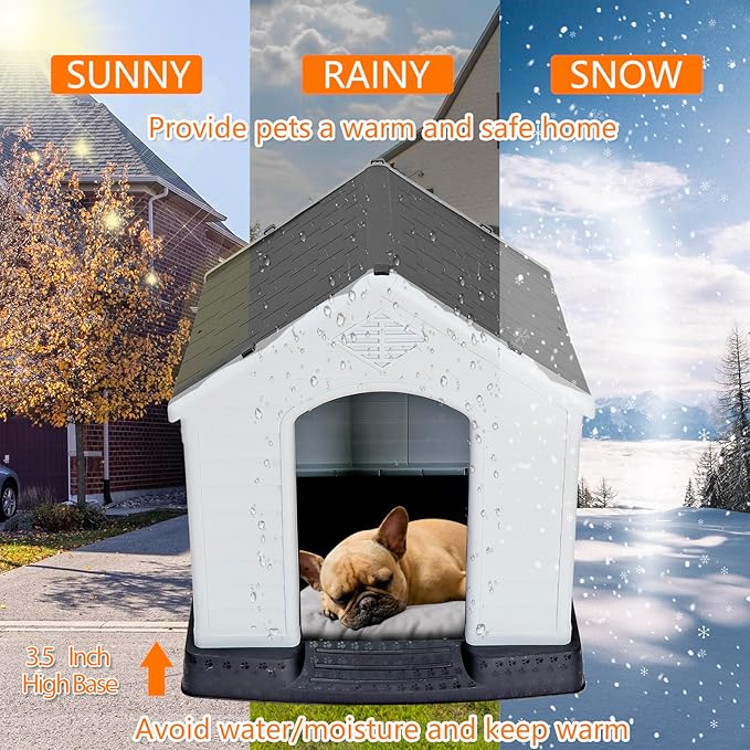 Large Plastic Dog House Indoor Outdoor Doghouse Dog Kennel Easy to Assemble Puppy Shelter with Air Vents Elevated Floor Waterproof (Grey, 28inch)
