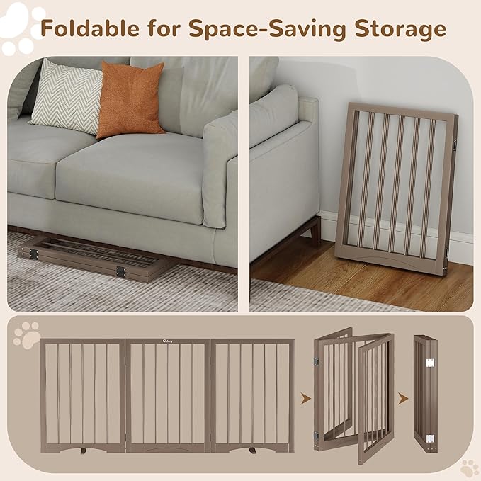 Free Standing Dog Gate Indoor, Foldable Dog Gate for Doorways Stairs Hallways, 3-Panel Freestanding Pet Gate with Support Feet for Stability, Folding Puppy Gate Easy to Move, Doggy Gate 54"x24"