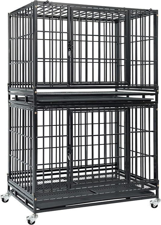 2-Pack 36 inch Stackable Heavy Duty Dog Crate, Metal Escape Proof Dogs Cage Kennel with Lockable Wheels, Removable Tray & Metal Grid, Top Access for High Anxiety Dogs Medium/Small Dogs