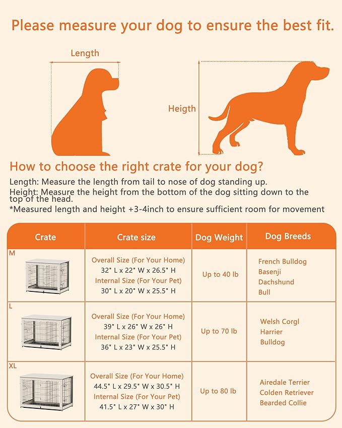 Piskyet Wooden Dog Crate Furniture with Divider Panel, Dog Crate End Table with Fixable Slide Tray, Double Doors Dog Kennel Indoor for Dogs(M:31.8" L*22.1" W*26.3" H,White)