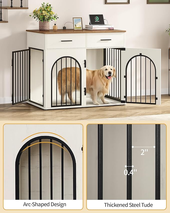 43.3'' Large Dog Crate Furniture with 2 Storage Drawers, Heavy Duty Dog Kennel Indoor with Charging Station, Wooden Dog Cage End Table Kennel for Medium/Large Dogs, White Brown DFC88214B