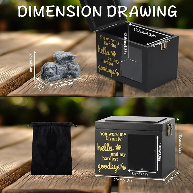 Large Dog Urn for Ashes, Black Wooden Pet Keepsake with Photo Frame, Memory Box with Resin Animal Statue and Sealed Storage Bags (120lbs)