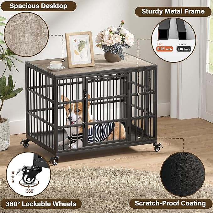 VERIFURTY 30 Inch Heavy Duty Dog Crate Furniture with Self-Locking Latch for Medium and Small Dogs, Escape-Proof Dog Kennel Furniture Indoor, Decorative Pet Cage End Table, Grey