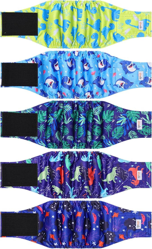 5 Pack Dog Diapers Male Reusable, Premium Belly Bands for Male Dogs, High Absorbing Male Dog Pee Wraps for Doggie in Incontinence or Excitable Urination and Training Dinosaur L