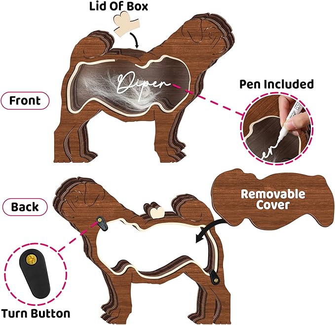 9" Pug Dog Hair Keepsake Box Wooden Pet Fur Gifts for Dog Cat Unique Dog Shape Standable Tabletop Decoration Pet Dog Memorial Idea Gift for Pet Lover Family Friends Storing Hair Teeth Ashes PS16-21L