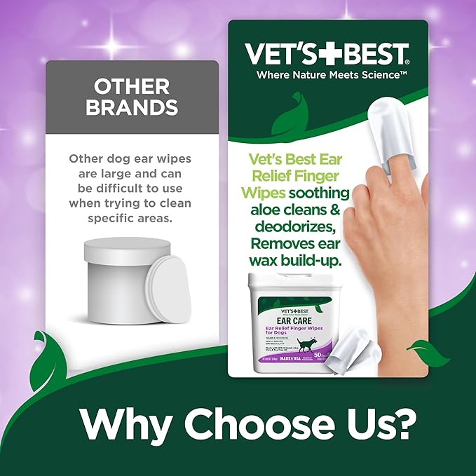 Vet's Best Ear Relief Finger Wipes, Ear Cleansing Finger Wipes for Dogs, Sooths & Deodorizes, 50 Disposable Dog Wipes (Pack of 2)