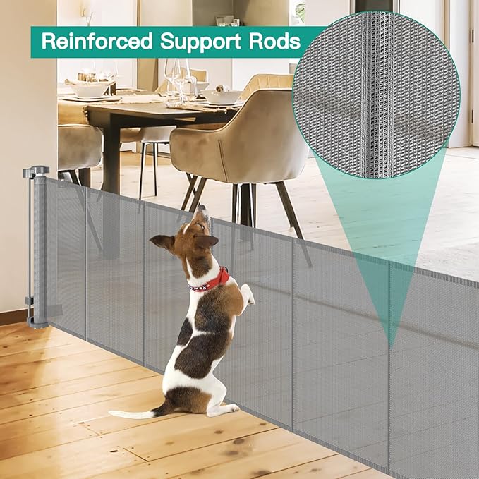 24 Inch Tall x 150 Inch Extra Wide Retractable Dog Gate for The House, Short Baby Gate to Step Over, Reinforced Mesh Puppy Gate for Doorways, Step Over Pet Gate for Stairs, Indoor/Outdoor, Gray