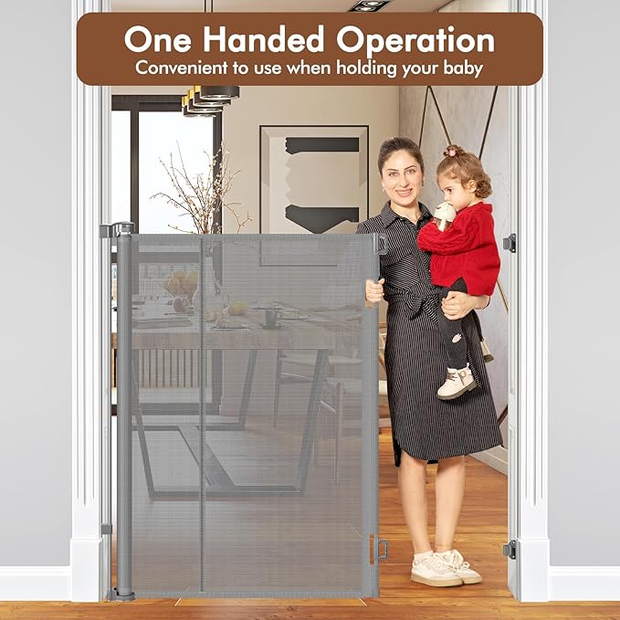 Reinforced 48" Extra Tall Dog Gate with Support Rods, 4 Ft Tall Retractable Dog Gates for Doorways 55" Wide Mesh Baby Gate for Cats - Prevent Baby/Pet from Jumping Over, Gray