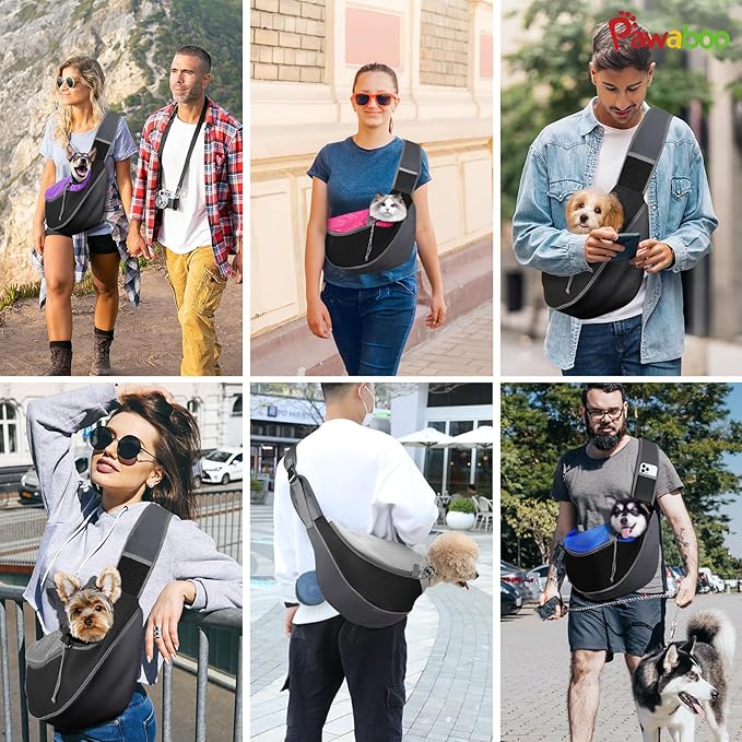Pawaboo Dog Sling Carrier, Hand Free Breathable Mesh Bag for Puppy Cat, Drawstring Dog Papoose with Adjustable Strap and Pocket, Crossbody Satchel Dogs Purse for Outdoor Travel, M, Deep Purple