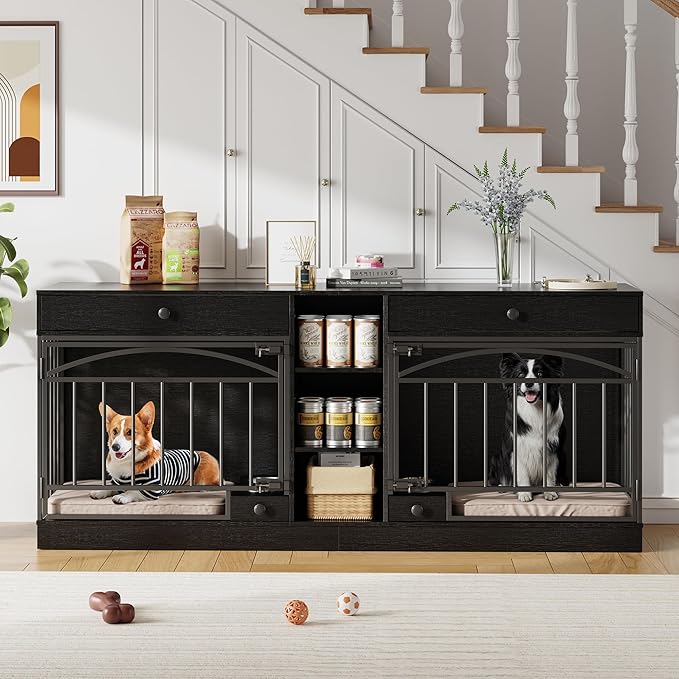 GarveeHome Dog Crate Furniture for 2 Dogs, Dog Kennel Indoor with Storage and Feeding Bowls, Double Dog Crate TV Stand for Small Medium Dogs, Black