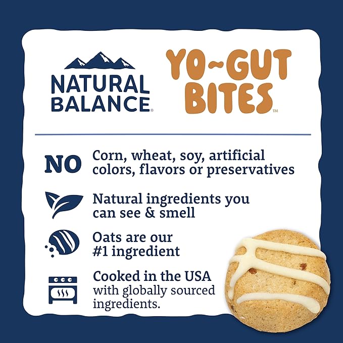 Natural Balance Yo-Gut Bites Crunchy Dog Treats with Real Peanut Butter & Banana, Greek Yogurt Drizzle, Probiotics for Digestive Support, 4.5oz Bag
