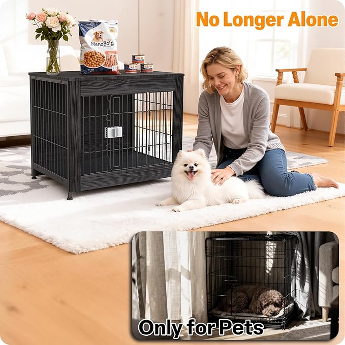 Furniture Style Dog Crate, 27" Wooden Dog Kennel End Table with Solid Top, Indoor Pet Crate House with Secure Slide Lock, Modern Dog Cage Furniture for Small & Medium Dogs, Black