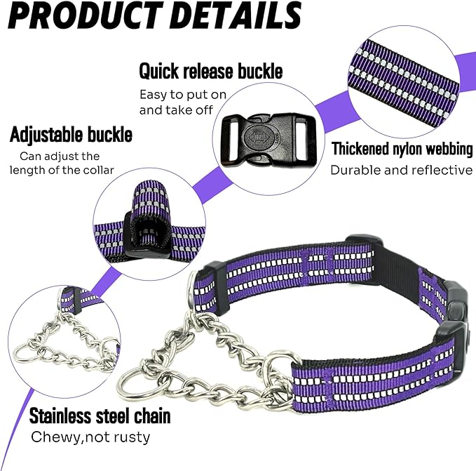 Martingale Dog Collars, Reflective Nylon Collar with Stainless Steel Chain, Adjustable Walking Training Dog Collars with Quick Release Buckle, Suitable for Small Medium Large Dogs(Purple,XL)