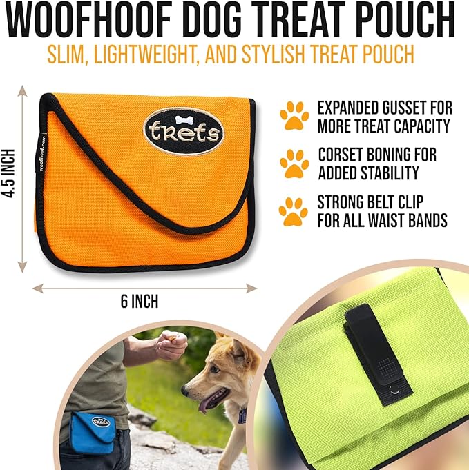 Woofhoof Dog Treat Pouch, Orange Training Treat Pouch - Clip On Dog Treat Holder, Innovative No Spill Design, Magnetic Flap, Expandable Gusset, Made of Durable Nylon, Machine Washable