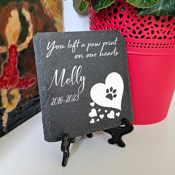 Personalized Individual Square Memorial Plaque + Stand for Pet Cat Dog Slate Stone Frame Paw Grave Marker - Size 3.94" x 3.94" or 100 x 100 mm - White Heart