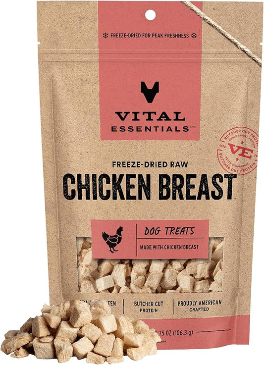 Vital Essentials Freeze Dried Dog Treats | Chicken Breast, Single Ingredient | Premium Quality | Grain Free Training Treats for Dogs, 3.75 oz Bag