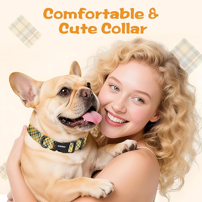 Kazazoo Dog Collar Cute and Soft Nylon Puppy Collar for Boy and Girl, Adjustable Dog Collars for Small Medium Dogs, Yellow&Blue Plaid-M