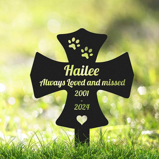 Custom Dog Cat Memorial Grave Marker Metal Sign with Stake, Personalized Pet Memorial Garden Cross Stake for Cemetery Yard, Customized Sympathetic Grave Marker Memorial Plaque Burial Marker