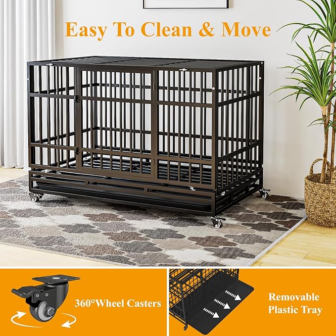 48 Inch Heavy Duty Dog Crates, Escape Proof Dog Cage Large Dogs with Wheels, Indestructible Steel Dog Cage with Upgraded Reinforced Baseplate for High Anxiety Dogs, Dog Kennel Indoor Outdoor