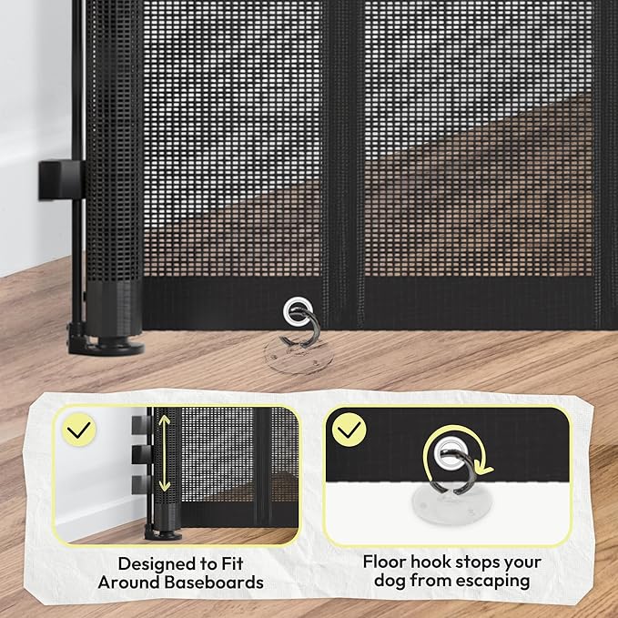 34" H Tall Mesh Dog Gate Extends Up to 150" W Retractable Pet Gate with Drill Installation, Preventing Crawling Through for Stairs, Doorways, Indoor & Outdoor (Black)