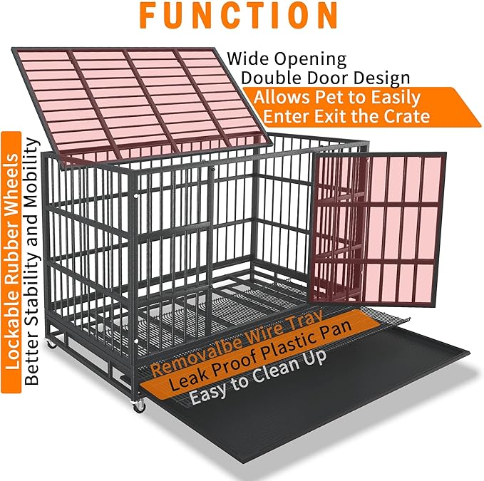 38Inch Heavy Duty Dog Crate for Large Dogs, Indestructible Escape Proof Steel Kennel with Wheels for High Anxiety Dogs, Sturdy Locks Double Door and Removable Tray, Extra Large XL XXL