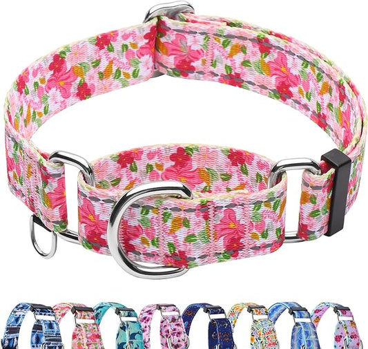 Reflective Martingale Collar for Dogs Nylon Training Collar with No Buckle Cute Floral No Pull Dog Collar for Small Dogs（Pink Flower，S）