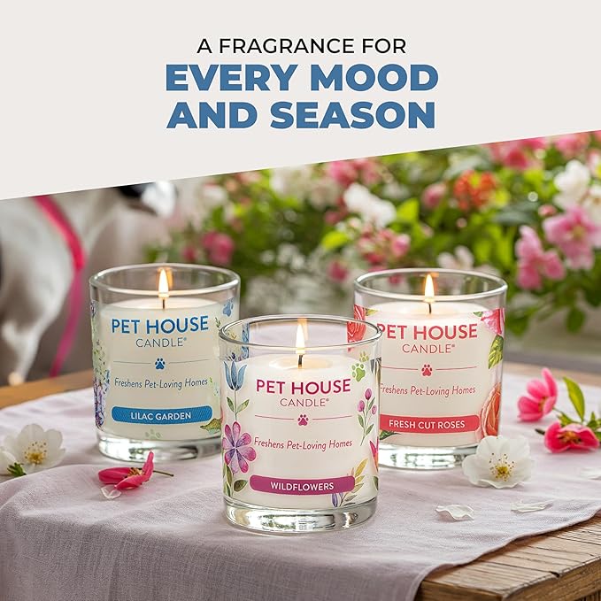 Pet House Candles, Long Burning Scented Candles for Home, Plant-Based, 60 Hour Burn Time - Lilac Garden and Fresh Cut Roses, 9 oz, 2 Pack