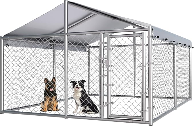 10x10ft Extra Large Dog Kennel Outdoor, Heavy-Duty Outside Dog Kennel with Roof, Security Latch-Lock Door, Chain-Link Dog Enclosure Dog Run for Yard with Cover