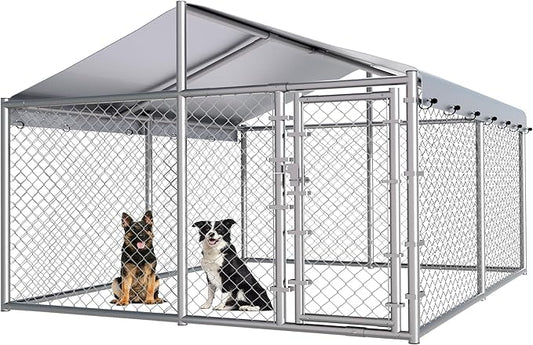 10x10ft Extra Large Dog Kennel Outdoor, Heavy-Duty Outside Dog Kennel with Roof, Security Latch-Lock Door, Chain-Link Dog Enclosure Dog Run for Yard with Cover
