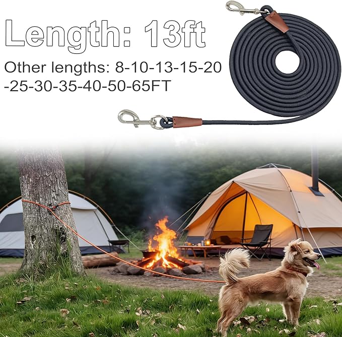 13FT Tie Out Rope Dog Lead, 8-10-15-20-25-30-35-40-50-65 FT, Long Dog Tether Nylon Check Cord for Medium Large Dogs Playing Camping Backyard of Leash Training Tie Down (Black, 3/8")