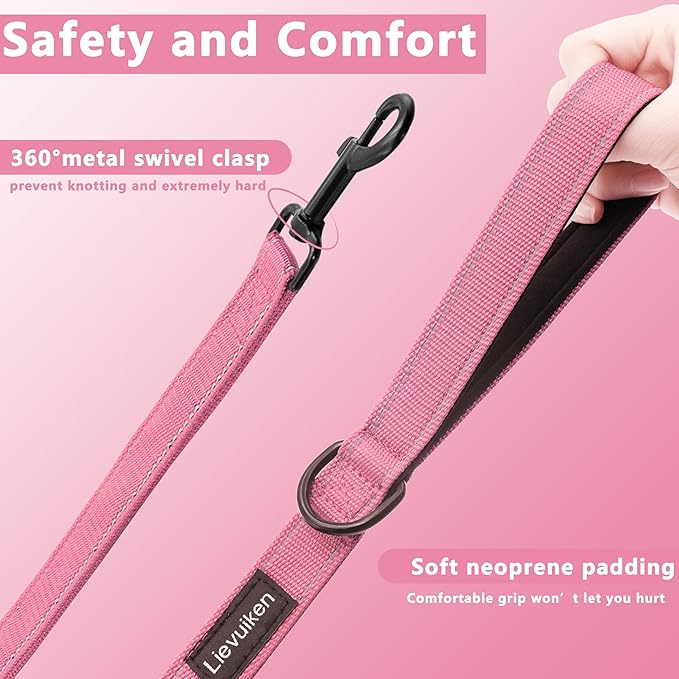 Dog Leash 5ft Long, Double Handle Dog Leash for Safety Control Training, Heavy Duty Dog Leads with Traffic Padded Handles, Reflective Leashes for Small Medium Large Dogs(5ft, Pink)