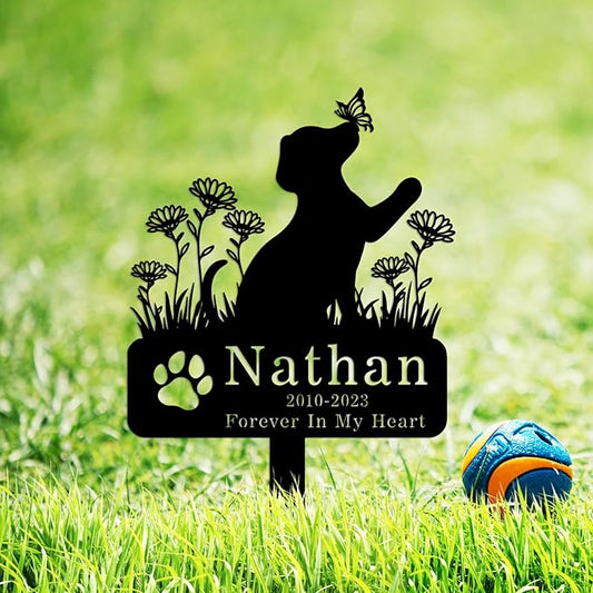 Personalized Flowers Dog Grave Marker Metal Memorial Stake, Custom Paw Butterfly Dog Memorial Grave Marker, Customized Pet Burial Marker for Grave Dog Loss Gifts Dog Statue Memorial Plaque