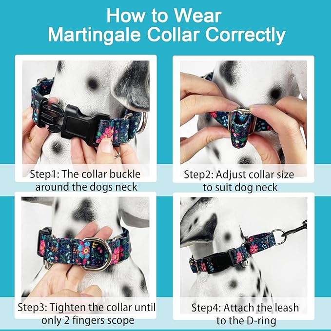 Martingale Collar for Dogs Floral Dog Collars for Small Medium Large Dogs with Buckle Adjustable Soft Nylon Dog Collar (Blue Pink Flower, XLarge)