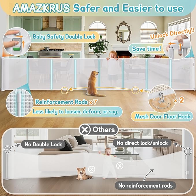 236'' Retractable Baby Gates Extra Wide 42" Tall White Mesh Dog Child Pet Safety 20 Foot Indoor Outdoor Retractable Gate for Decks, Garages, Patios, Doorways, Stairs with Reinforcement Strips
