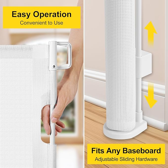Reinforced 42” Tall x 100” Extra Wide Retractable Baby Gate for Large Openings Tall Baby Gates for Dogs Pet Gate with Rods to Prevent Crawling Through, Extra Wide Mesh Dog Gate, White