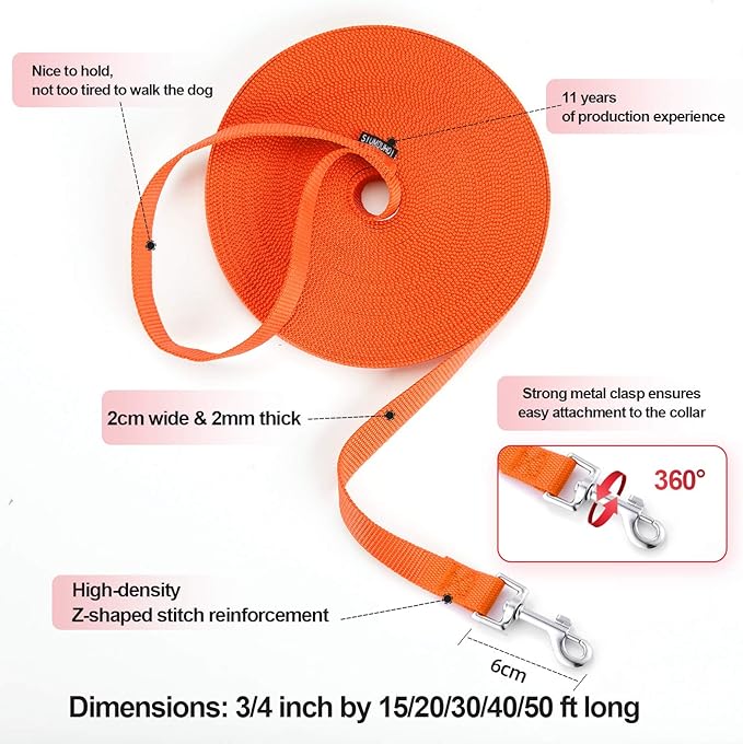 Siumouhoi Dog/Puppy Obedience Recall Training Agility Lead - 15ft 20ft 30ft 40ft 50ft Training Leash - Great for Play, Camping, or Backyard - Orange 50ft