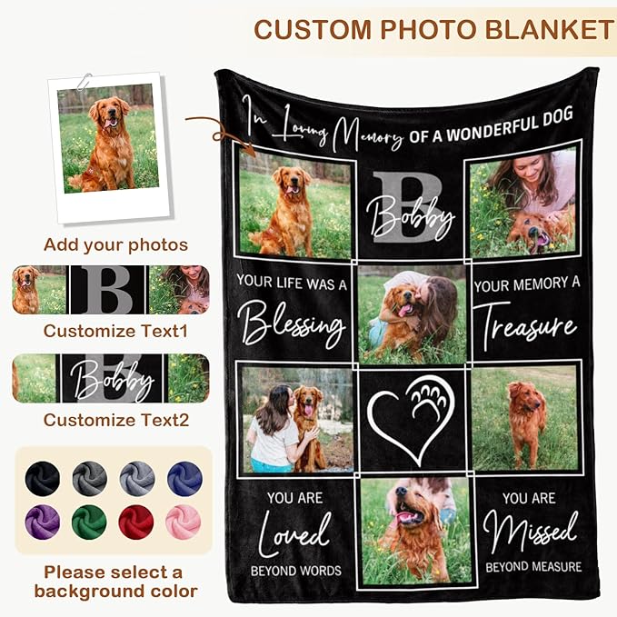 Bemaystar Pet Memorial Gifts for Dogs - Ships Next Day Custom Dog Blanket with Photo & Name Dog Memorial Gifts for Loss of Sympathy Gift Dog Cat Passing Away Remembrance Souvenir(6 Photos)