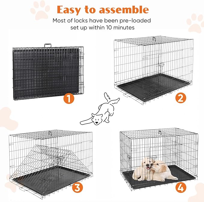 Sweetcrispy 48 Inch Dog Crate, Medium Large Crates Double Door Folding Metal Wire Dog Cage with Plastic Leak-Proof Pan Tray, Pet Kennel for Indoor, Outdoor, Travel