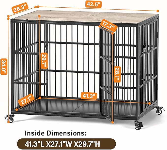 VERIFURTY 42 Inch Heavy Duty Dog Crate Furniture with Self-Locking Latch for Medium and Large Dogs, Escape-Proof Dog Kennel Furniture Indoor, Decorative Pet Cage End Table, Grey